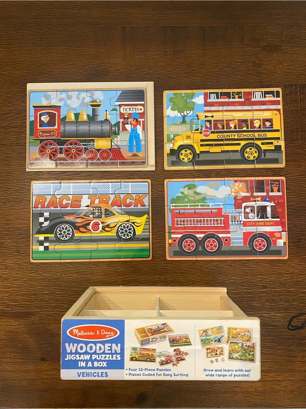 Melissa & Doug Bundle of Four 4 in 1 Wooden Jigsaw Puzzles with slider lids